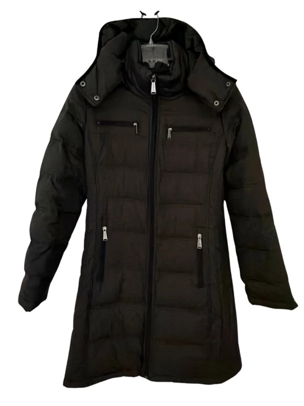 Michael Kors Down Puffer Coat Womens Small Black Hooded Mid Length Jacket